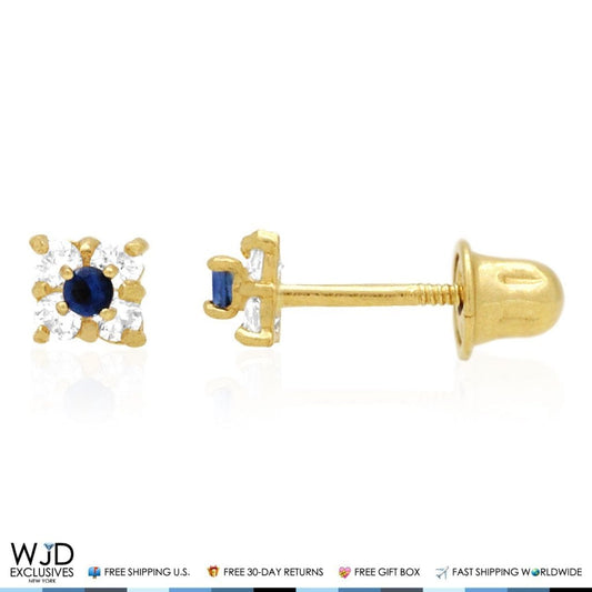 14k Solid Yellow Gold Diamond And Sapphire Square Screwback Stud Earrings 0.30Ct