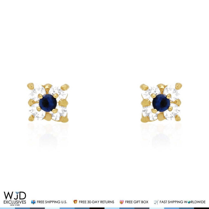 14K Yellow Gold Diamond And Sapphire Square Screw Back Stud Earrings 0.30Ct