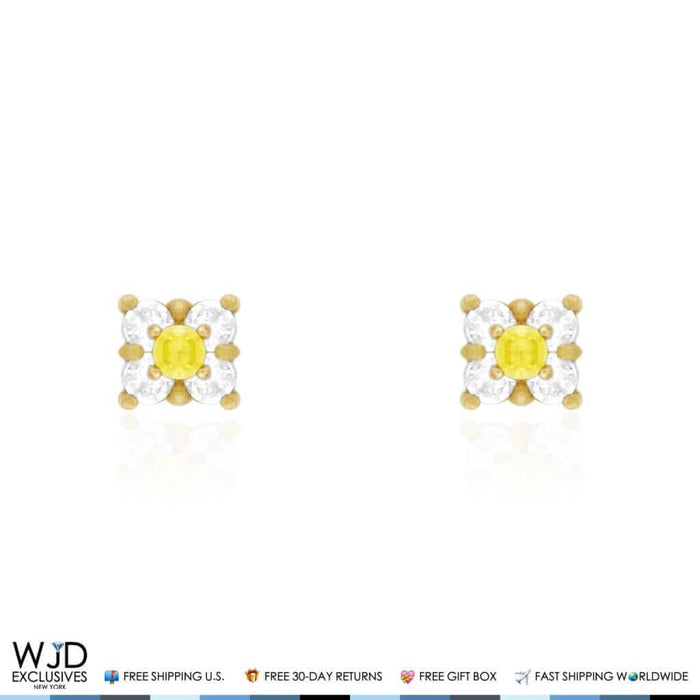 14k Yellow Gold 0.30Ct CZ & Citrine Square Cluster Stud Earrings