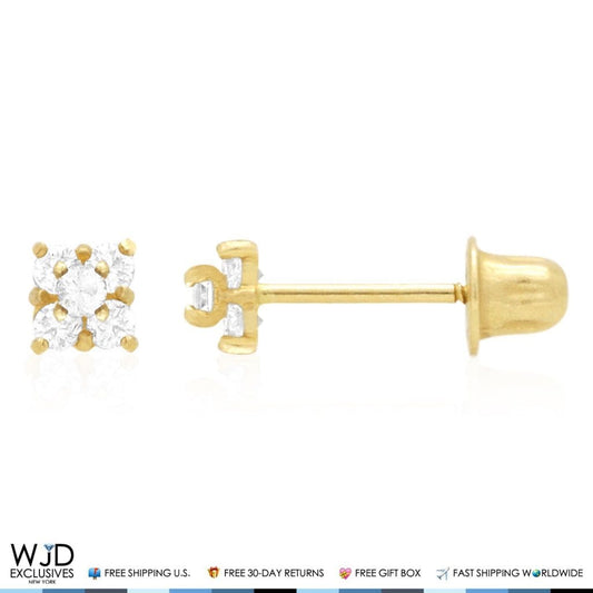 14k Solid Yellow Gold Created White Diamond Square Screwback Stud Earrings 0.3Ct