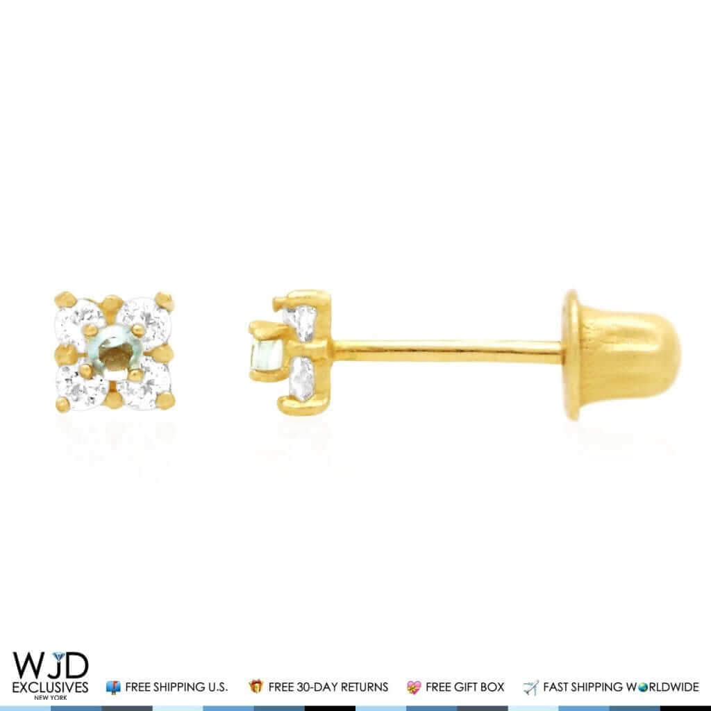 14k Yellow Gold CZ Aquamarine Screw Back Stud Earrings 0.30Ct