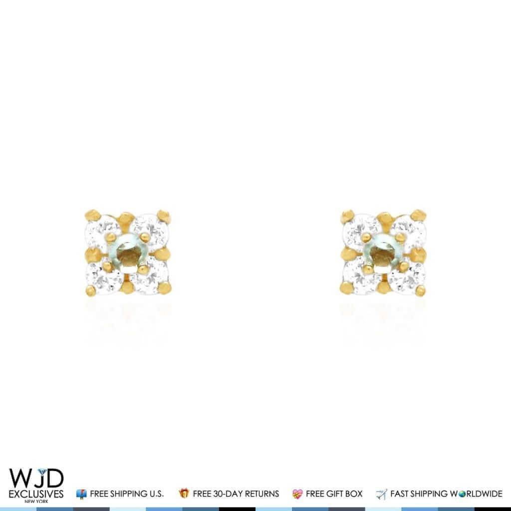 14k Yellow Gold CZ Aquamarine Screw Back Stud Earrings 0.30Ct