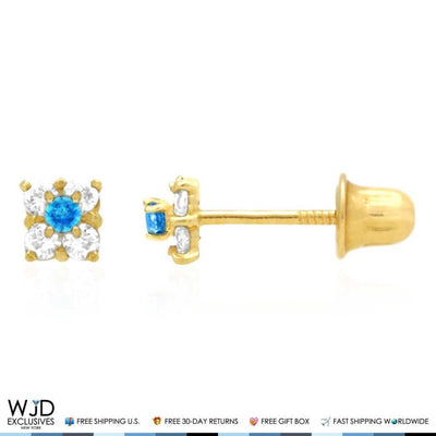 14k Gold CZ & Blue Topaz Square Screw Back Earrings 0.30Ct