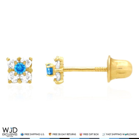 14k Gold CZ & Blue Topaz Square Screwback Earrings 0.30Ct