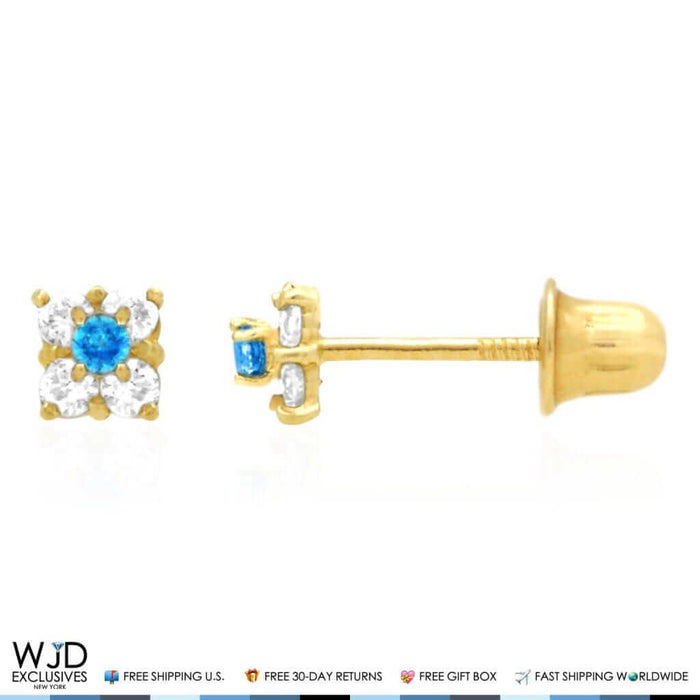 14k Gold CZ & Blue Topaz Square Screw Back Earrings 0.30Ct