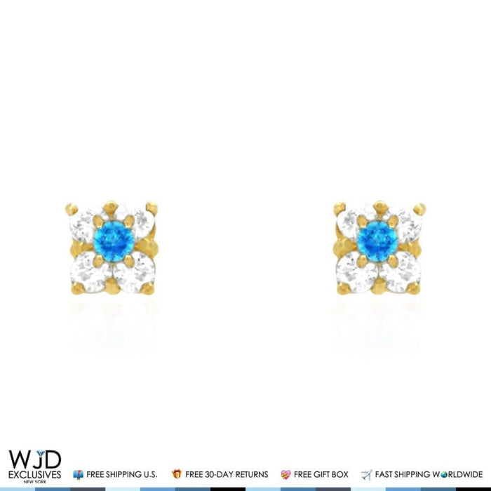 14k Gold CZ & Blue Topaz Square Screw Back Earrings 0.30Ct
