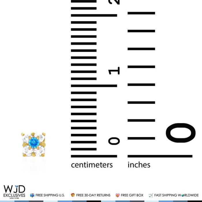 14k Gold CZ & Blue Topaz Square Screw Back Earrings 0.30Ct