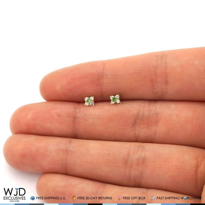 14K Yellow Gold Diamond And Emerald Square Screw Back Stud Earrings 0.30Ct