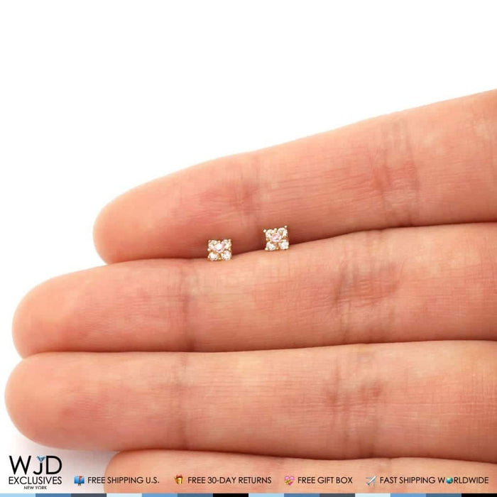 14k Yellow Gold Diamond & Pink Tourmaline Square Screw Back Stud Earrings 0.3Ct