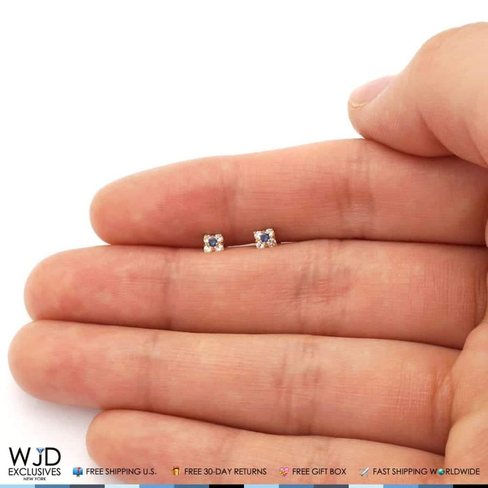 14K Yellow Gold Diamond And Sapphire Square Screw Back Stud Earrings 0.30Ct