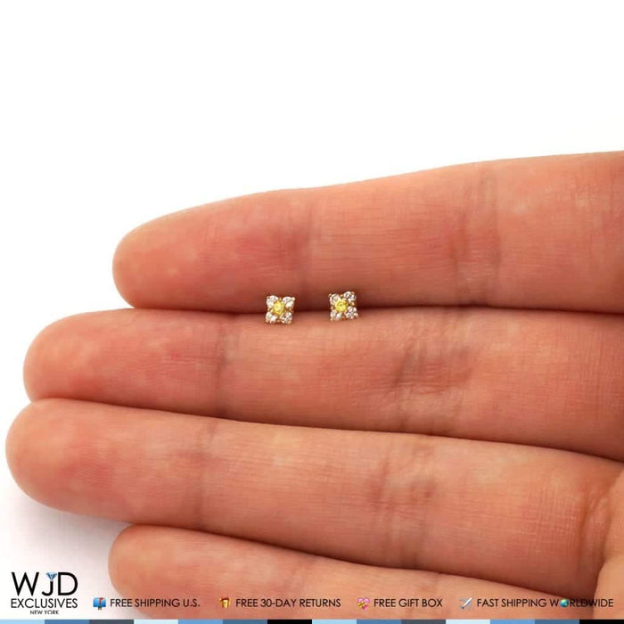 14k Yellow Gold 0.30Ct CZ & Citrine Square Cluster Stud Earrings