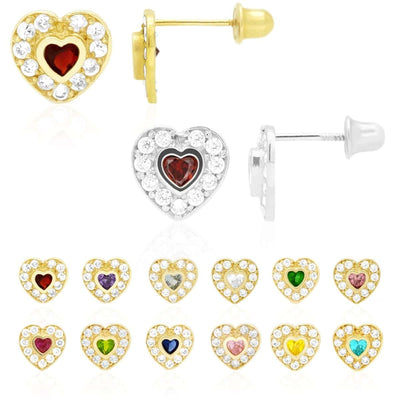 14k Yellow Gold White Gold Bezel Birthstone Heart Screw Back Earrings
