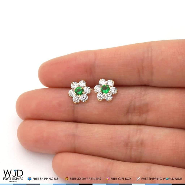 14k Yellow Gold 2Ct CZ & Birthstones Flower Stud Earrings 10mm