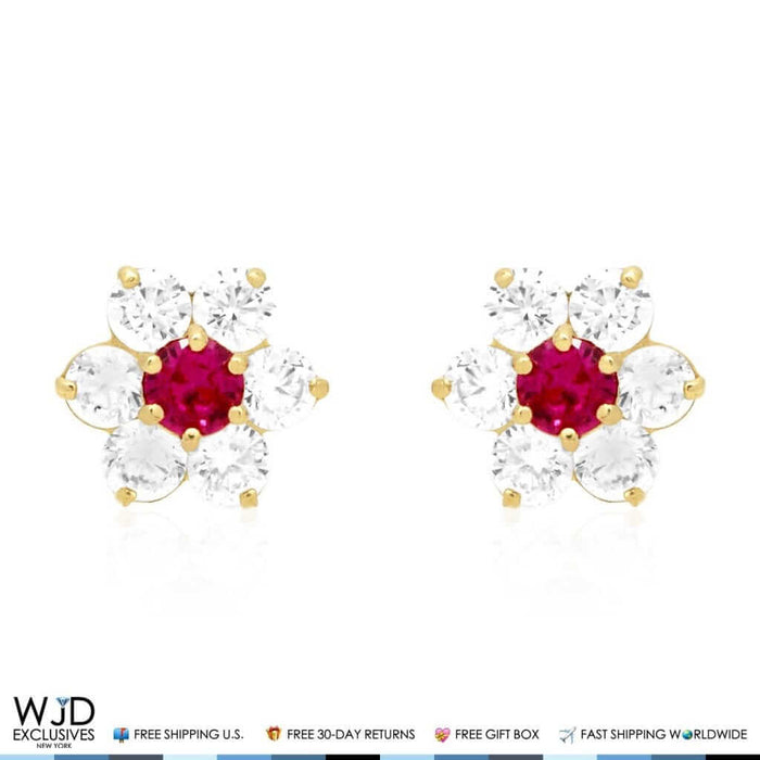 14k Yellow Gold 2Ct CZ & Birthstones Flower Stud Earrings 10mm