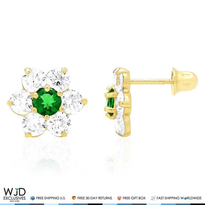 14k Yellow Gold 2Ct CZ & Birthstones Flower Stud Earrings 10mm