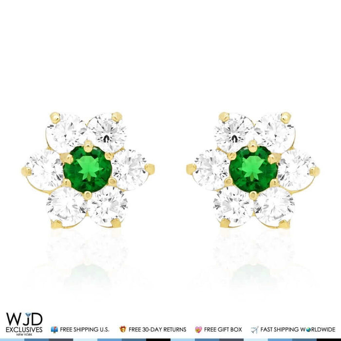 14k Yellow Gold 2Ct CZ & Birthstones Flower Stud Earrings 10mm
