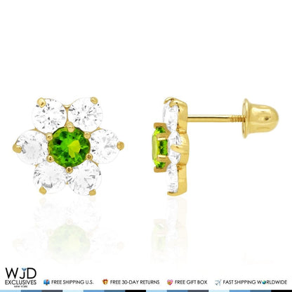 14k Yellow Gold 2Ct CZ & Birthstones Flower Stud Earrings 10mm