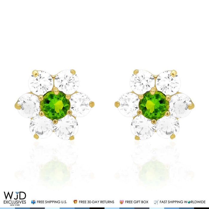 14k Yellow Gold 2Ct CZ & Birthstones Flower Stud Earrings 10mm