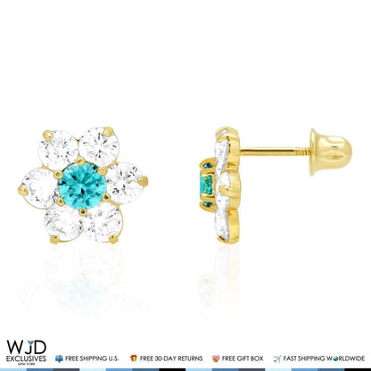14k Yellow Gold 2Ct CZ & Birthstones Flower Stud Earrings 10mm