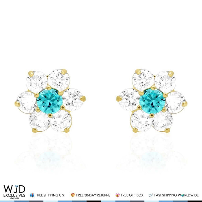 14k Yellow Gold 2Ct CZ & Birthstones Flower Stud Earrings 10mm