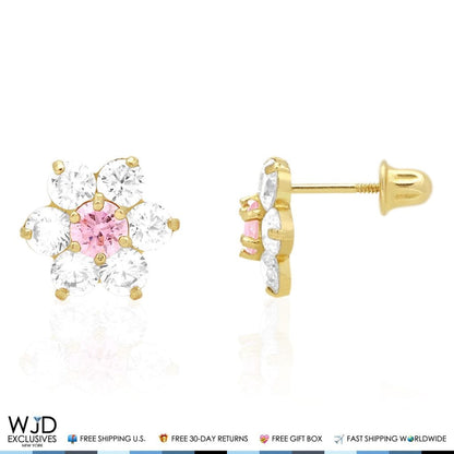 14k Yellow Gold 2Ct CZ & Birthstones Flower Stud Earrings 10mm