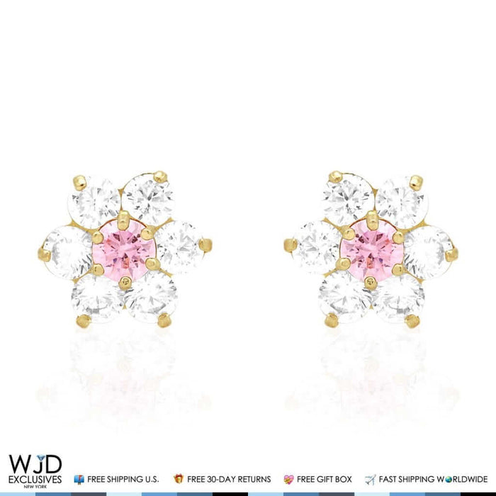 14k Yellow Gold 2Ct CZ & Birthstones Flower Stud Earrings 10mm