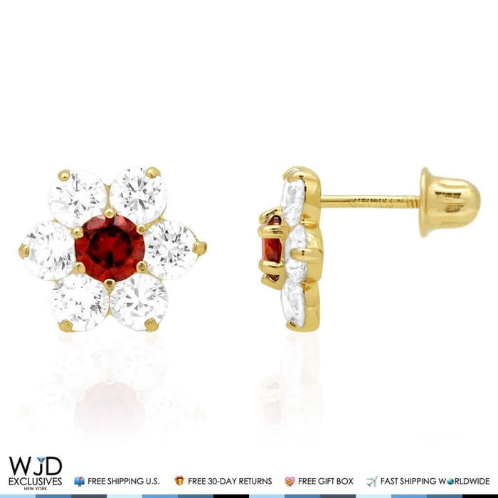 14k Yellow Gold 2Ct CZ & Birthstones Flower Stud Earrings 10mm