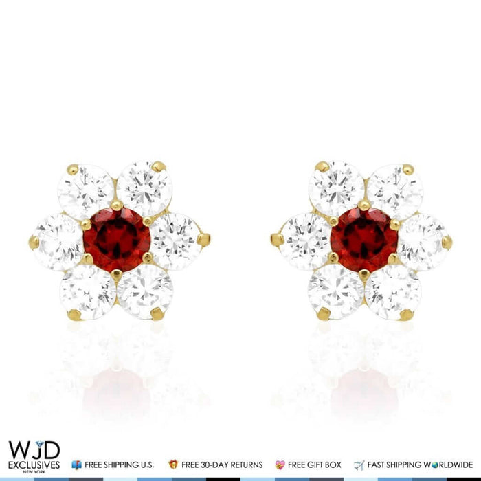 14k Yellow Gold 2Ct CZ & Birthstones Flower Stud Earrings 10mm