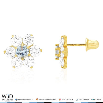 14k Yellow Gold 2Ct CZ & Birthstones Flower Stud Earrings 10mm