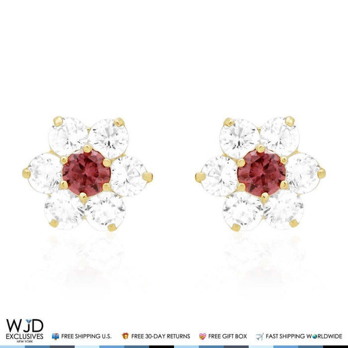 14k Yellow Gold 2Ct CZ & Birthstones Flower Stud Earrings 10mm