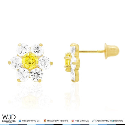 14k Yellow Gold 2Ct CZ & Birthstones Flower Stud Earrings 10mm