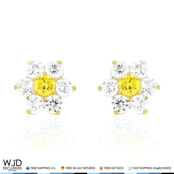 14k Yellow Gold 2Ct CZ & Birthstones Flower Stud Earrings 10mm