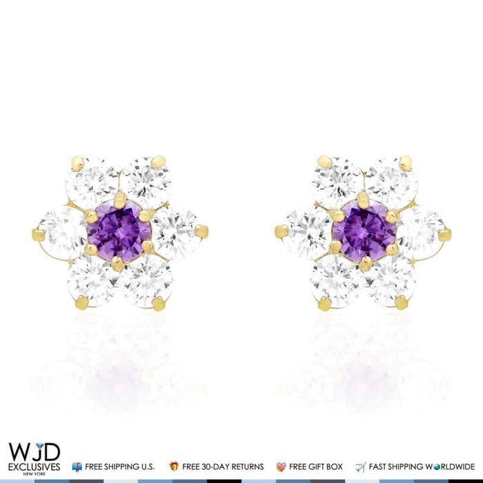 14k Yellow Gold 2Ct CZ & Birthstones Flower Stud Earrings 10mm