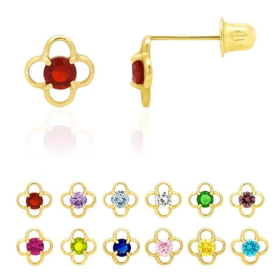 14k Yellow Gold Round Birthstone Quatrefoil Stud Screw Back Earrings
