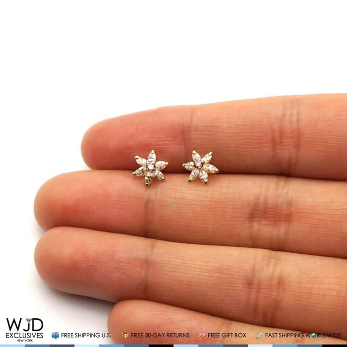 14k Gold Marquise CZ & Alexandrite Flower Screw Back Earrings