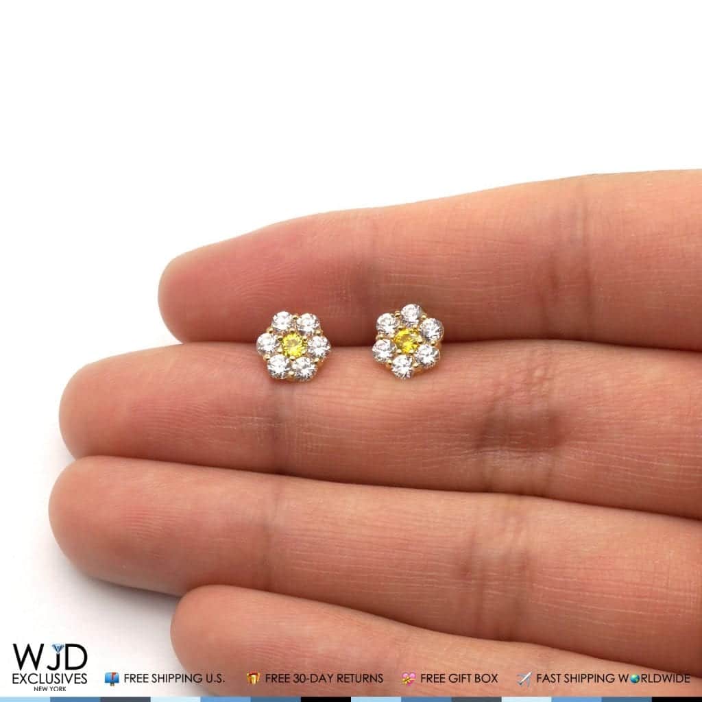 14k Gold CZ & Citrine Flower Cluster Screwback Stud Earrings