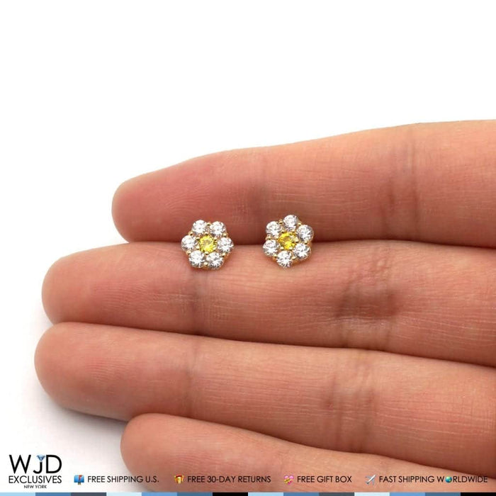 14k Gold CZ & Citrine Flower Cluster Screw Back Stud Earrings