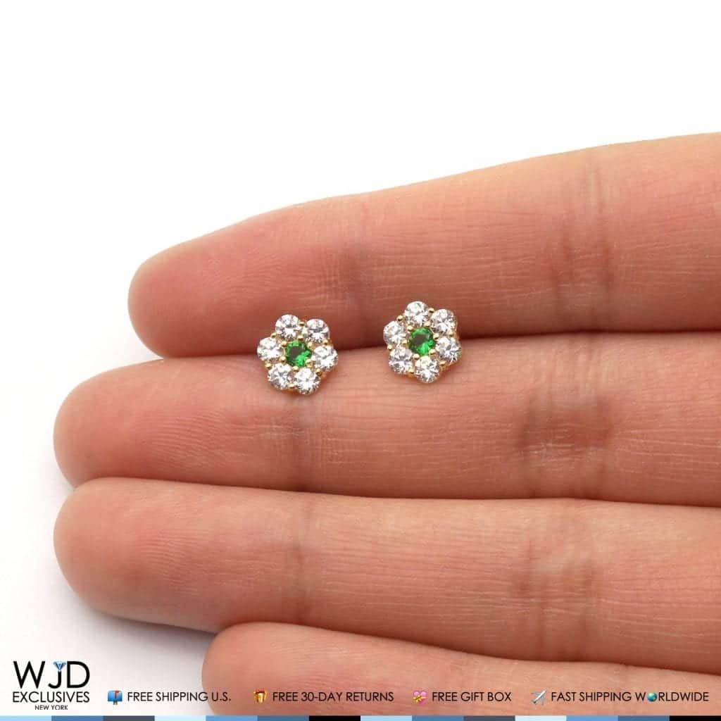 14k Gold CZ And Emerald Flower Cluster Screwback Stud Earrings