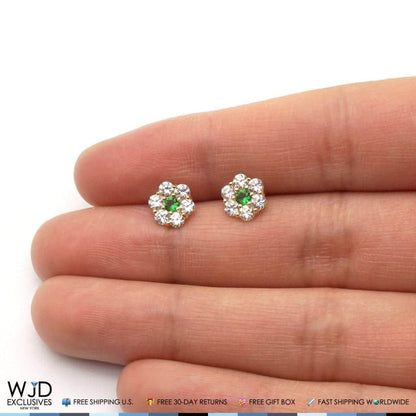 14k Gold CZ And Emerald Flower Cluster Screwback Stud Earrings