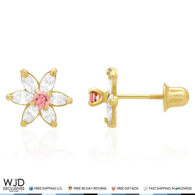 14k Gold Marquise CZ & Alexandrite Flower Screw Back Earrings
