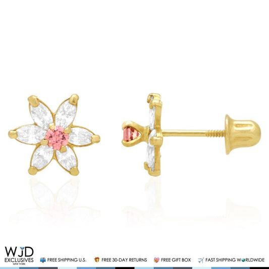 14k Gold Marquise CZ & Alexandrite Flower Screwback Earrings