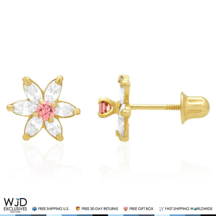 14k Gold Marquise CZ & Alexandrite Flower Screw Back Earrings