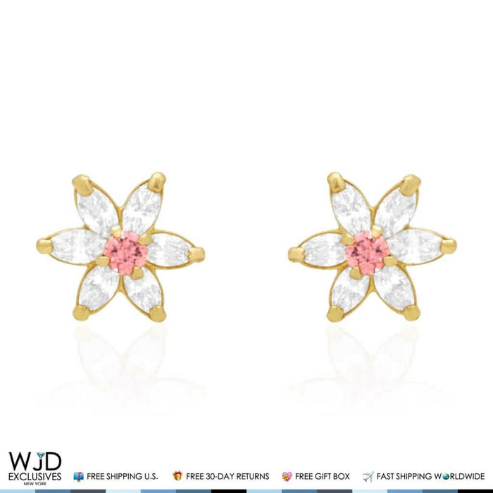 14k Gold Marquise CZ & Alexandrite Flower Screw Back Earrings