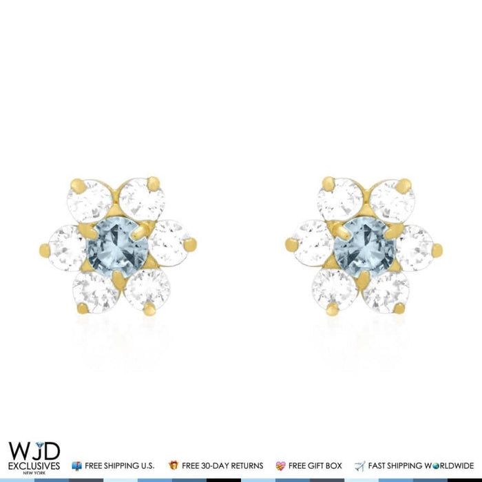 14k Yellow Gold 0.70Ct CZ & Birthstones Flower Stud Earrings 8mm