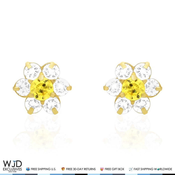 14k Yellow Gold 0.70Ct CZ & Birthstones Flower Stud Earrings 8mm