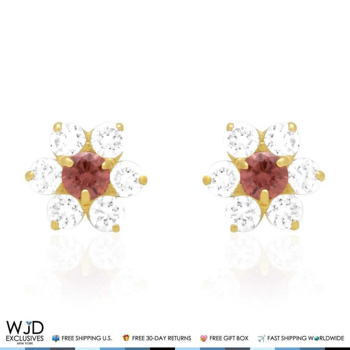 14k Yellow Gold 0.70Ct CZ & Birthstones Flower Stud Earrings 8mm