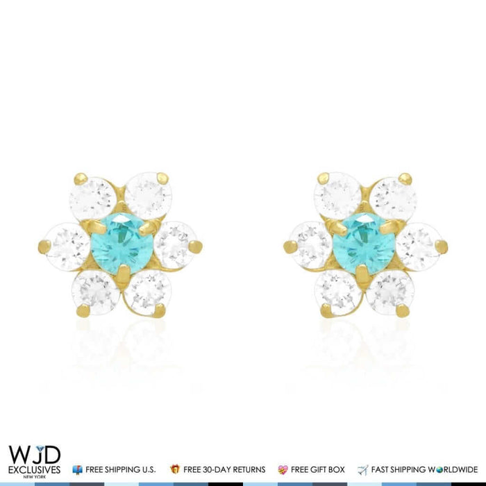14k Yellow Gold 0.70Ct CZ & Birthstones Flower Stud Earrings 8mm