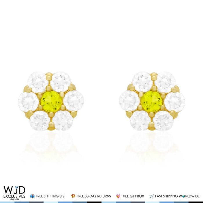 14k Gold CZ & Peridot Flower Cluster Screw Back Stud Earrings