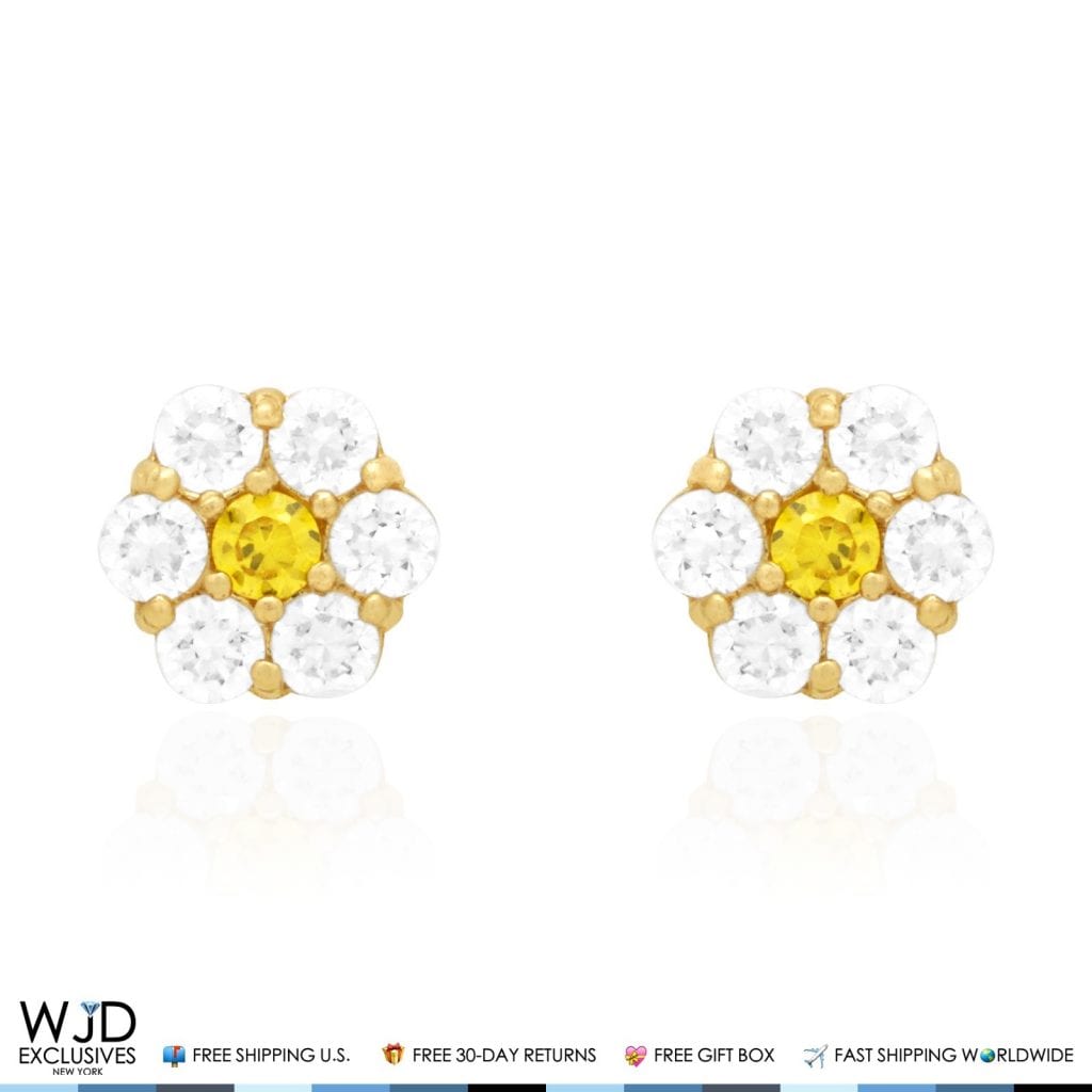 14k Gold CZ & Citrine Flower Cluster Screwback Stud Earrings