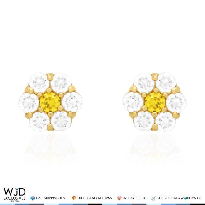 14k Gold CZ & Citrine Flower Cluster Screw Back Stud Earrings